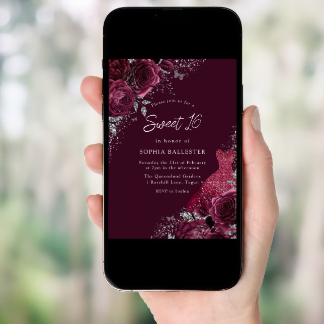 Burgundy Maroon, Silver Dress & Floral Sweet 16 Invitation (Front Digital)