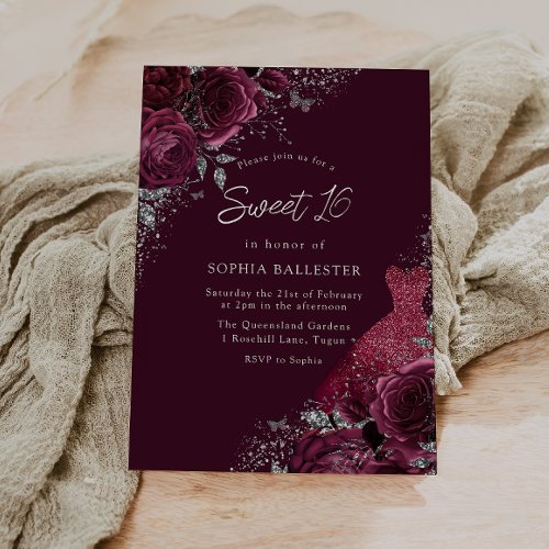 Burgundy Maroon Silver Dress  Floral Sweet 16 Invitation