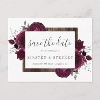 Burgundy Maroon Silver Floral Fall Save the Date Postcard
