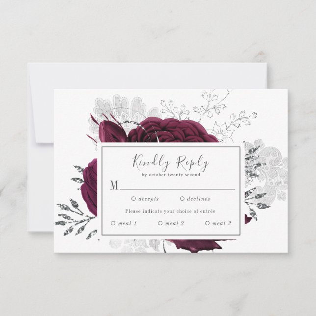 Burgundy Maroon Silver Floral Fall Wedding RSVP Card (Front)