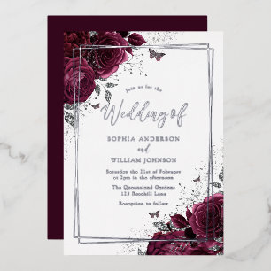 Burgundy Maroon & Silver Floral Wedding Foil Invitation