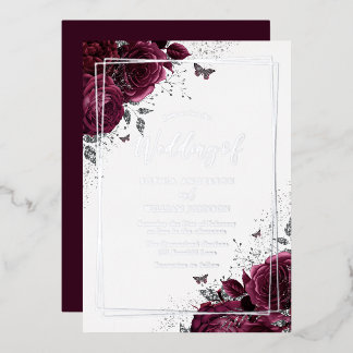 Burgundy Maroon & Silver Floral Wedding Foil Invitation