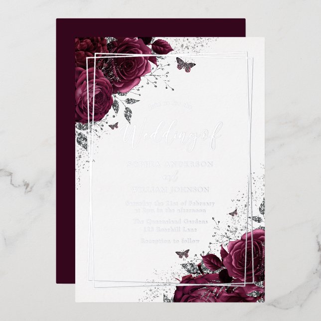 Burgundy Maroon & Silver Floral Wedding Foil Invitation (Front/Back)