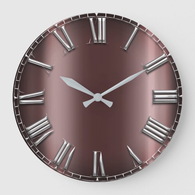 Burgundy Maroon Silver Gray Metallic Roman Number Large Clock (Front)