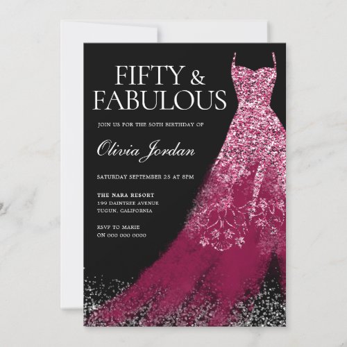 Burgundy Maroon Sparkle Dress 50th Birthday Party  Invitation