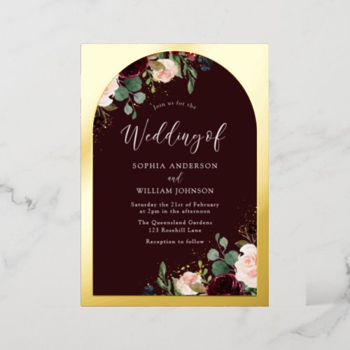 Burgundy Maroon Watercolor Floral Wedding Gold Foil Invitation