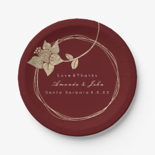 Burgundy Maroon Wedding Gold Floral Wreath Bridal Paper Plates