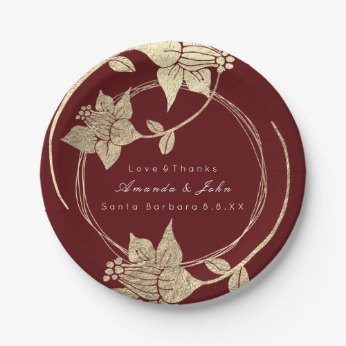 Burgundy Maroon Wedding Gold Floral Wreath Holiday Paper Plates