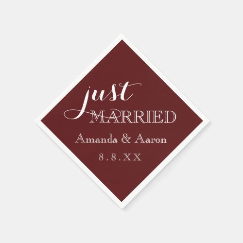 Burgundy Maroon White Name Date Just Married Napkins