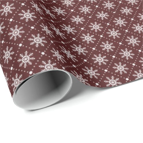 Burgundy Maroon White Snowflakes Lines Holidays Wrapping Paper