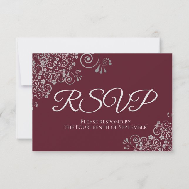 Burgundy Maroon with Elegant Silver Lace Wedding RSVP Card (Front)