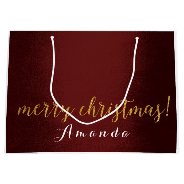 Burgundy Marron Gold Merry Christmas Gift Large Gift Bag (Front)