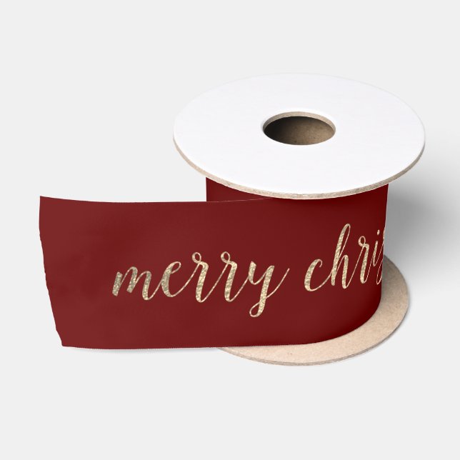 Burgundy Marron Golden Merry Christmas Satin Ribbon (Spool)