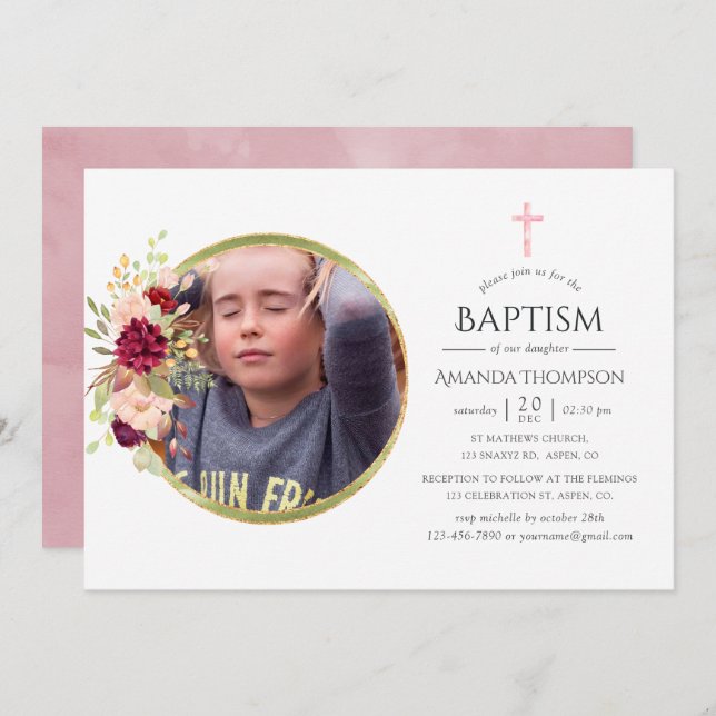 Burgundy-Marsala and Blush Baptism or Christening Invitation (Front/Back)