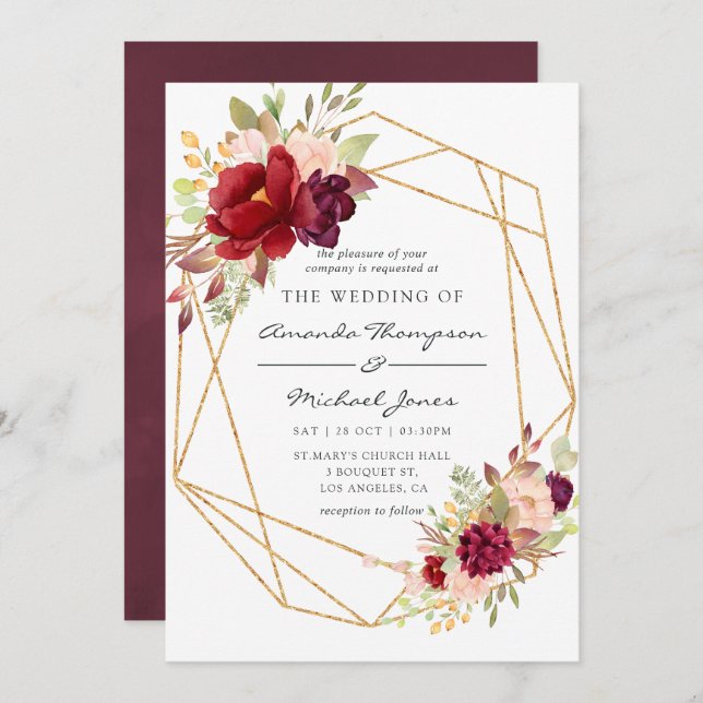 Burgundy-Marsala and Blush Boho Geometric Wedding Invitation (Front/Back)