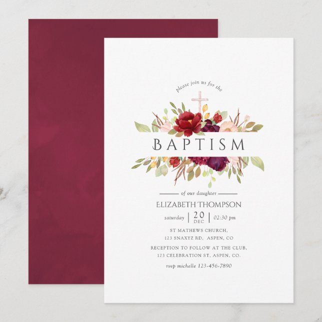 Burgundy - Marsala and Blush Floral Baptism Invitation (Front/Back)