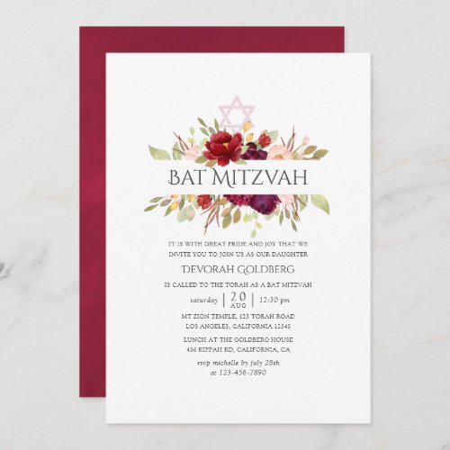 Burgundy _ Marsala and Blush Floral Bat Mitzvah Invitation