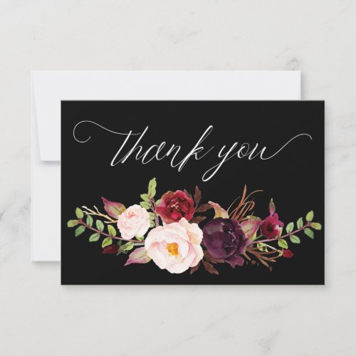 Burgundy Marsala and Blush Floral _ Black Thank You Card