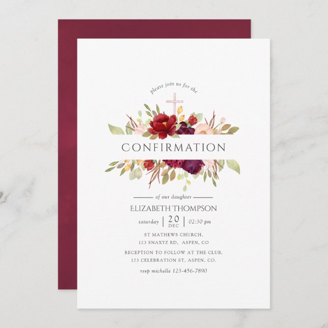 Burgundy - Marsala and Blush Floral Confirmation Invitation (Front/Back)