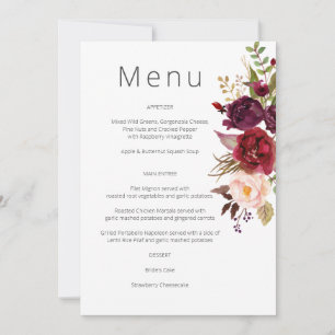 Burgundy Marsala and Blush Floral Menu - White Invitation