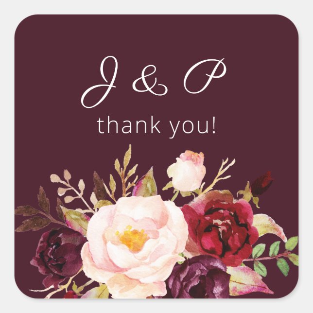 Burgundy Marsala and Blush Floral Monogram Square Sticker (Front)