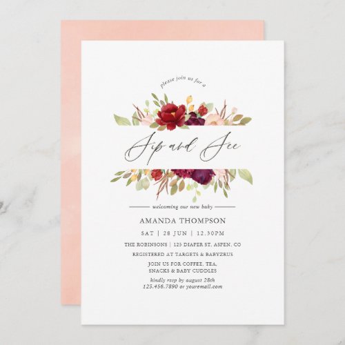 Burgundy _ Marsala and Blush Floral Sip and See Invitation