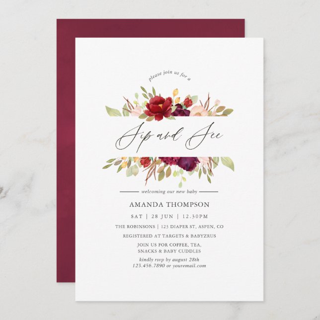 Burgundy - Marsala and Blush Floral Sip and See Invitation (Front/Back)