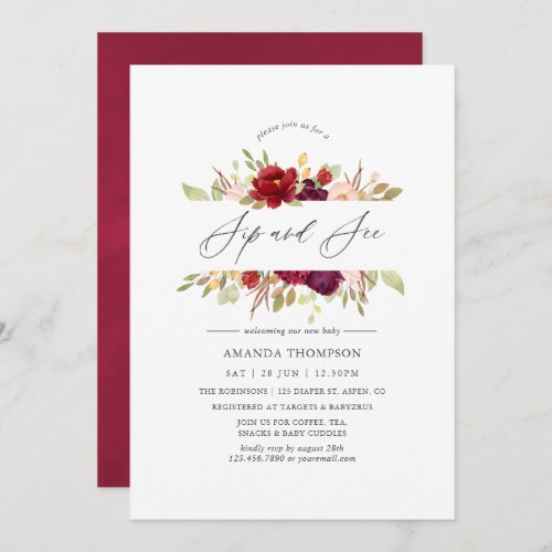 Burgundy _ Marsala and Blush Floral Sip and See Invitation