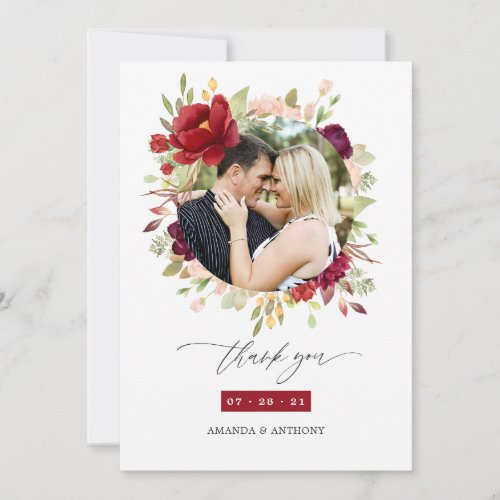 Burgundy _ Marsala and Blush Floral Wedding Photo Thank You Card