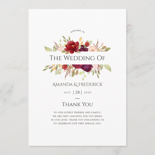 Burgundy - Marsala and Blush Floral Wedding Program (Front)