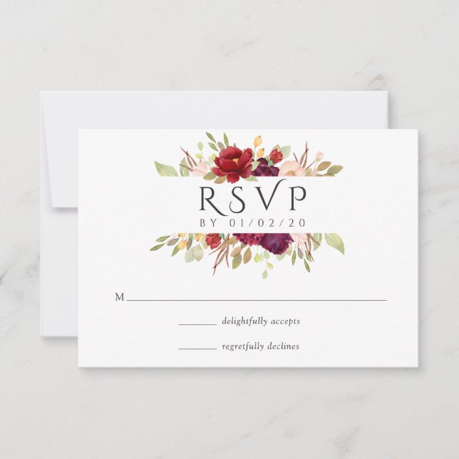 Burgundy - Marsala and Blush Floral Wedding RSVP Card (Front)