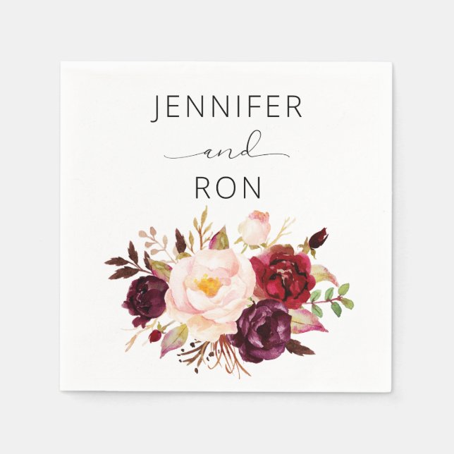 Burgundy Marsala and Blush Floral - White Napkins (Front)