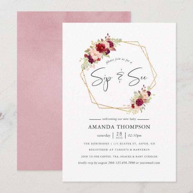 Burgundy-Marsala and Blush Geometric Sip and See Invitation (Front/Back)