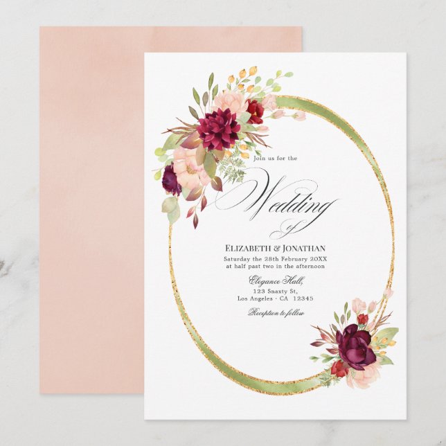Burgundy - Marsala and Blush Geometric Wedding Invitation (Front/Back)