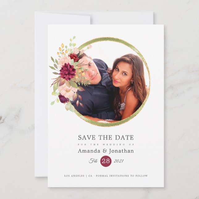 Burgundy-Marsala and Blush Photo Wedding Save The Date (Front)