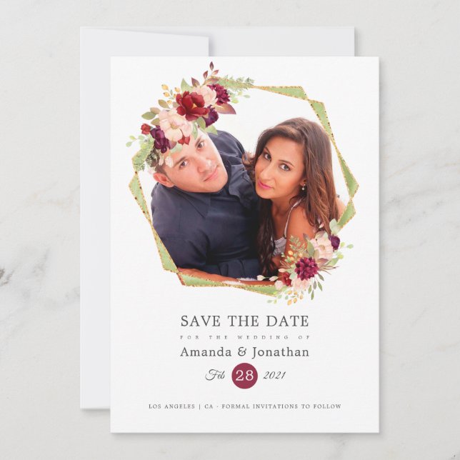 Burgundy-Marsala and Blush Photo Wedding Save The Date (Front)