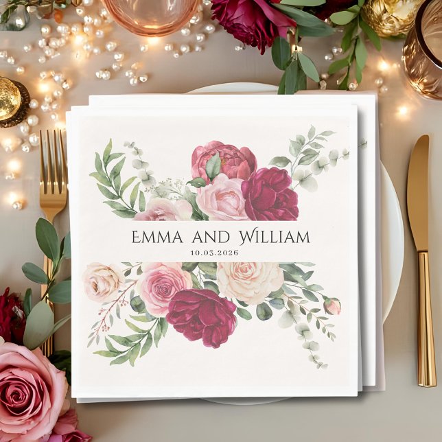 Burgundy Marsala and Blush Pink Floral Wedding Napkins (Creator Uploaded)