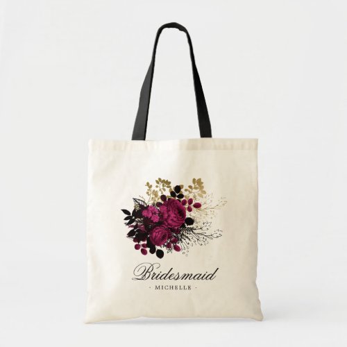 Burgundy _ Marsala and Gold Floral Bridesmaid Tote Bag