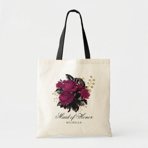 Burgundy _ Marsala and Gold Floral Maid of Honor Tote Bag