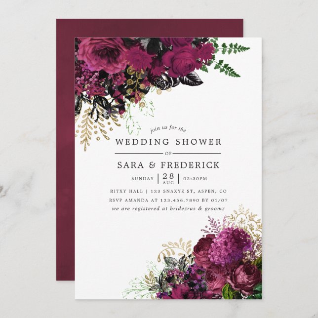Burgundy - Marsala and Gold Floral Wedding Shower Invitation (Front/Back)