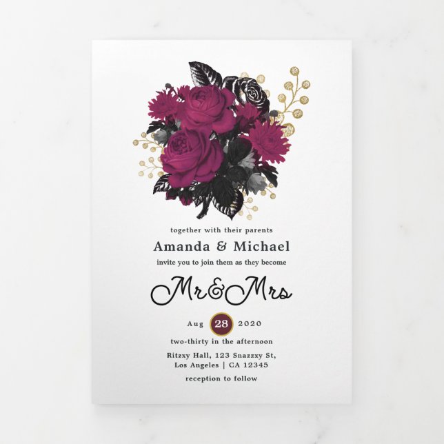 Burgundy - Marsala and Gold Floral Wedding Tri-Fold Invitation (Cover)