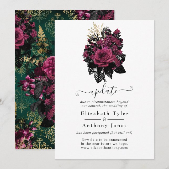 Burgundy - Marsala and Gold Floral Wedding Update Invitation (Front/Back)