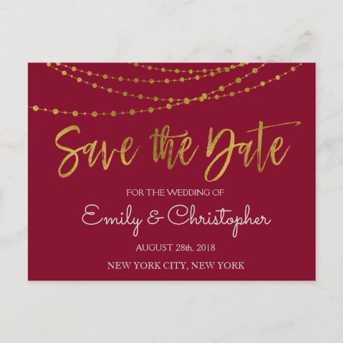 Burgundy Marsala and Gold Foil Save the Date Announcement Postcard