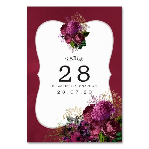 Burgundy _ Marsala and Gold Wedding Table Number