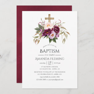 Burgundy/Marsala and Peach Baptism or Christening Invitation
