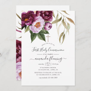 Burgundy - Marsala and Peach Floral Holy Communion Invitation