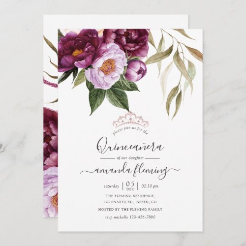 Burgundy _ Marsala and Peach Floral Quinceaera Invitation