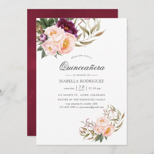 Burgundy _ Marsala and Peach Floral Quinceaera Invitation