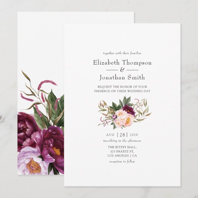 Burgundy - Marsala and Peach Floral Wedding Invite (Front/Back)