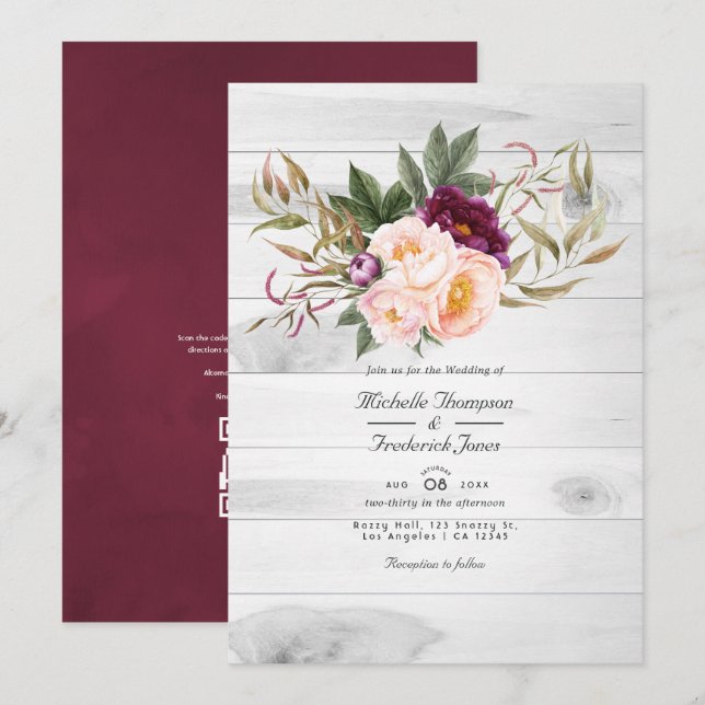Burgundy - Marsala and Peach Rustic Floral Wedding Invitation (Front/Back)